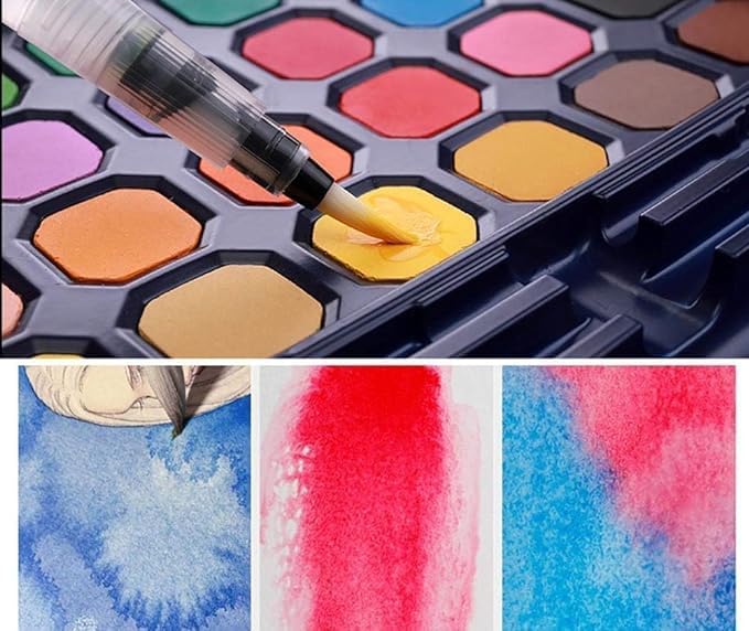 Open blue metal case revealing a watercolor paint set of 48 vibrant hexagonal shades across two layers, including a water brush, pencil, sharpener, and white paint tube. Perfect for artists and kids from uSmile.toys." www.usmile.toys