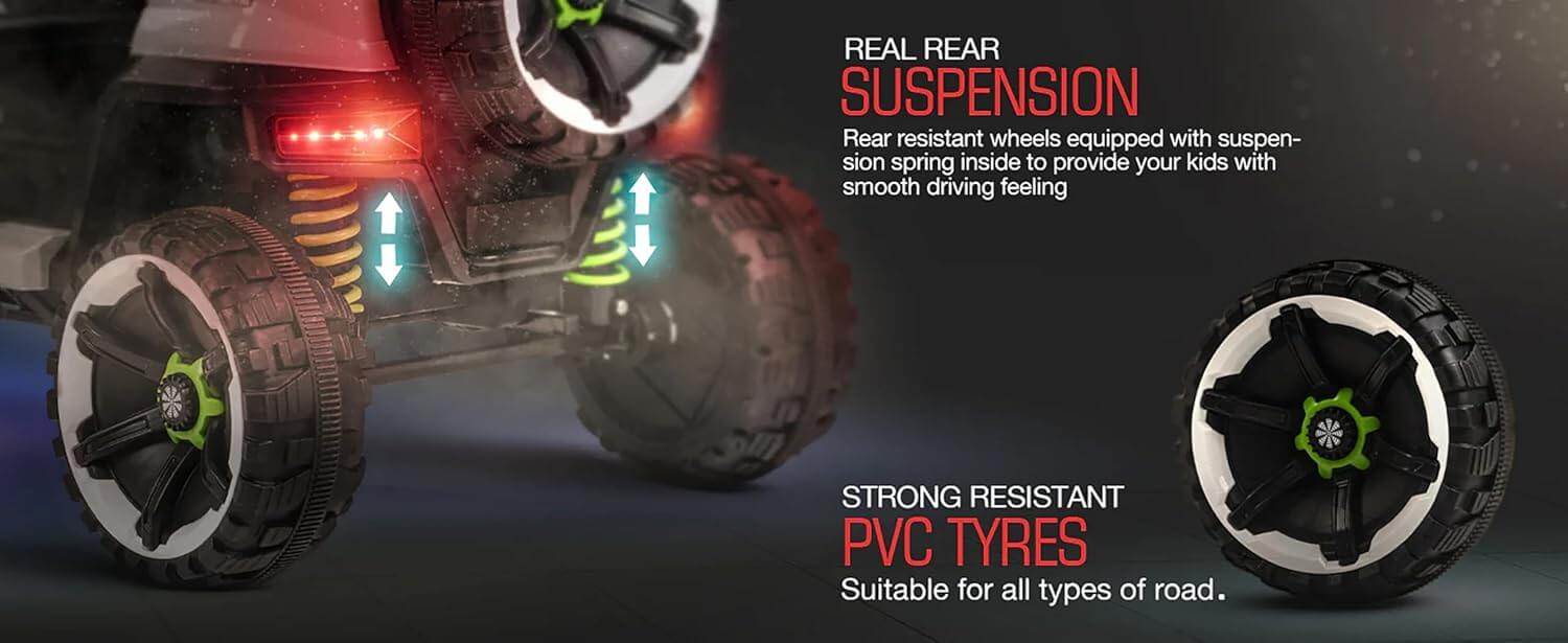 Toy vehicle with suspension wheels and strong resistant PVC tyres on a dark background