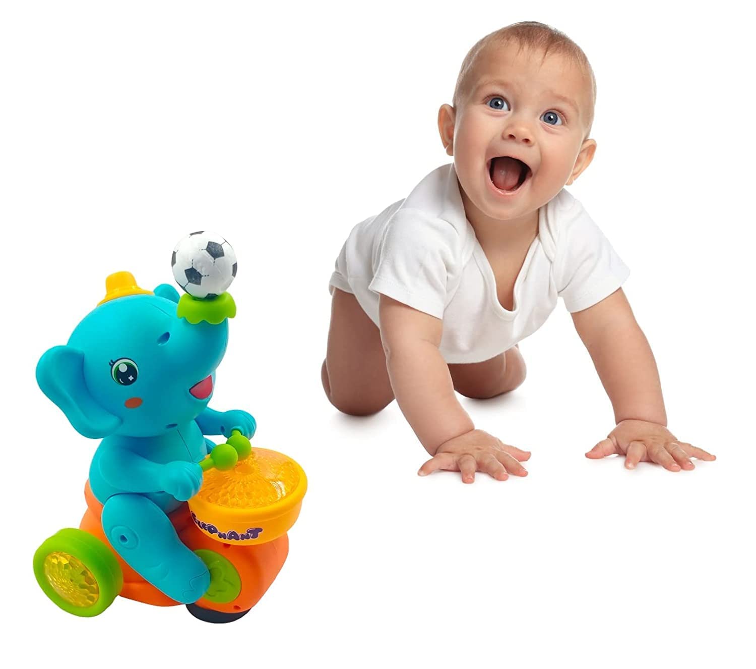 Interactive musical toy for babies and toddlers: a cute elephant character on a scooter, designed to play music and balance a ball, from Usmile Toys." www.usmile.toys