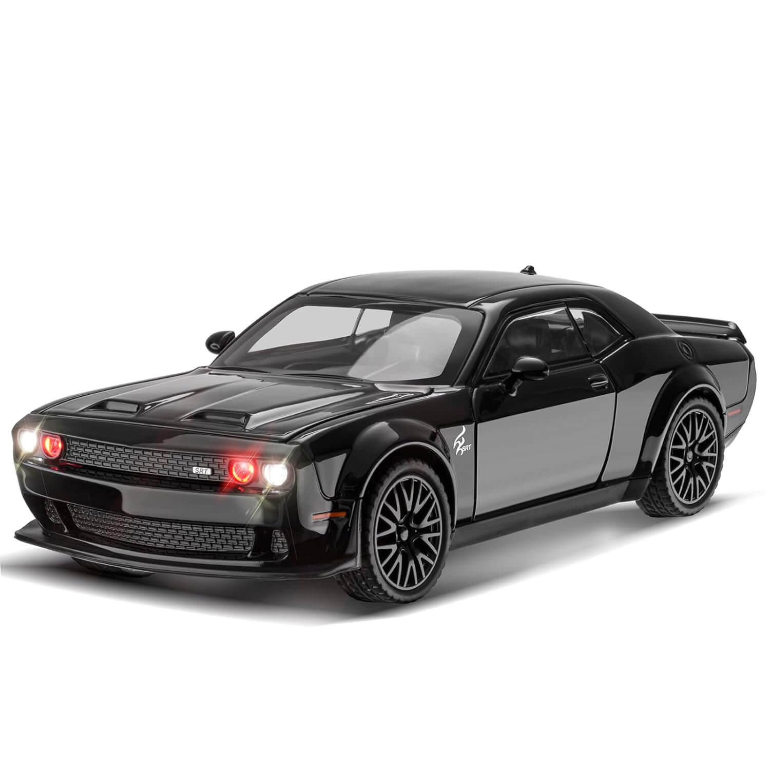 High-quality miniature replica of a powerful white muscle car (Dodge Challenger Hellcat style) with black wheels and red brake calipers, a durable pull-back toy ideal for vehicle enthusiasts from Usmile Toys. www.usmile.toys