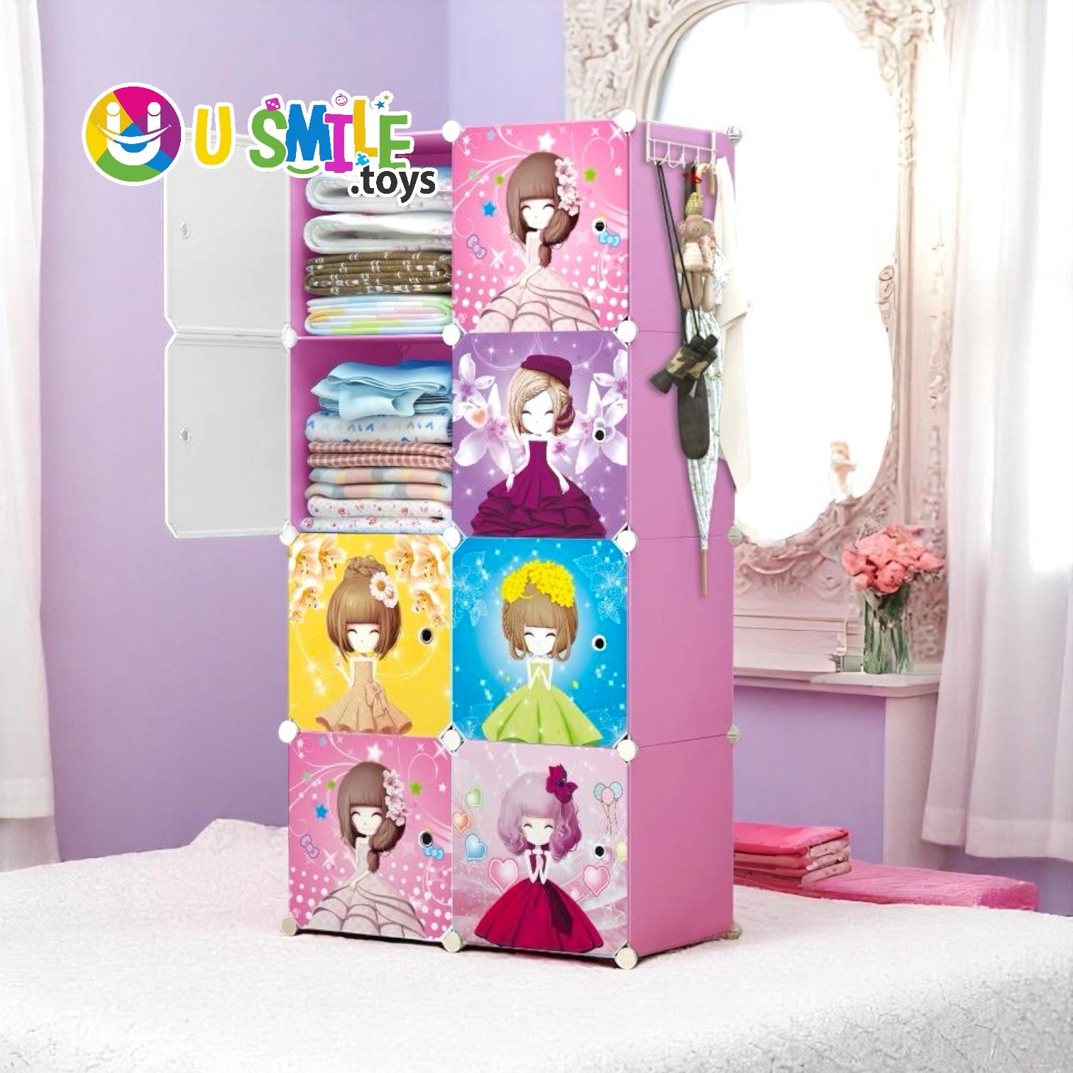 U Smile Toys children's modular closet (75x37x146 CM), ideal for organizing clothes and toys. www.usmile.toys