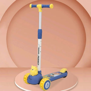 Children's scooter with blue and yellow accents on a peach-colored background