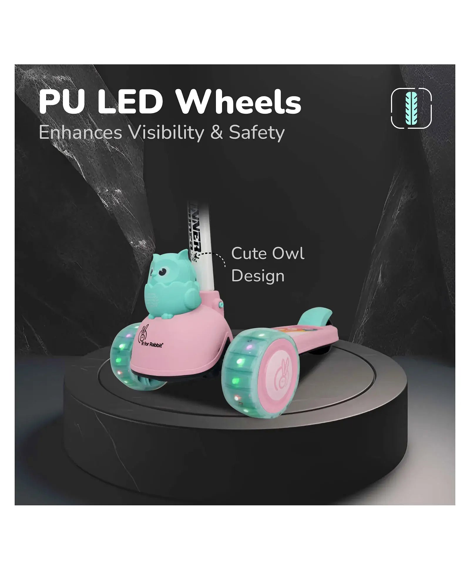 Pink and teal scooter with owl design on a black background, featuring PU LED wheels.