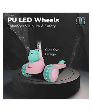 Pink and teal scooter with owl design on a black background, featuring PU LED wheels.