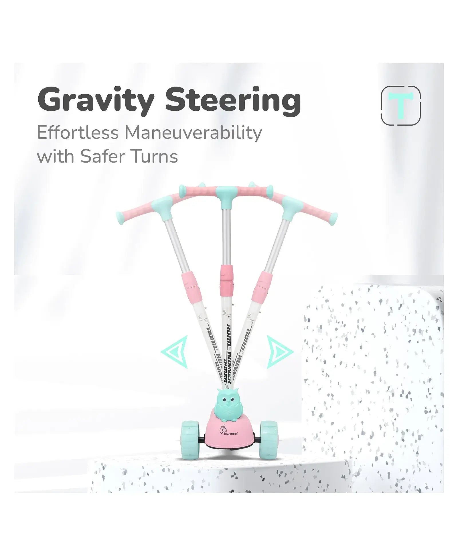 Toy scooter with 'Gravity Steering' feature on a white background