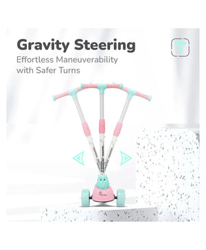 Toy scooter with 'Gravity Steering' feature on a white background