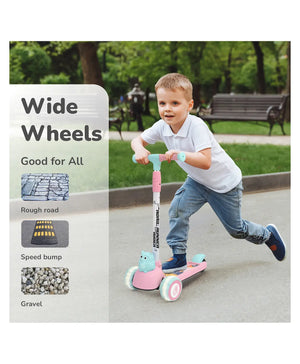 Child riding a scooter with wide wheels in a park setting, featuring text about wide wheels being good for all types of terrain.
