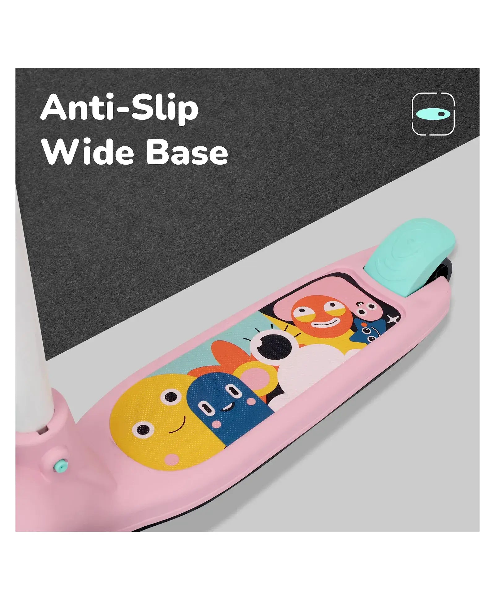 Children's shoe with cartoon design on a white background, featuring 'Anti-Slip Wide Base' text.