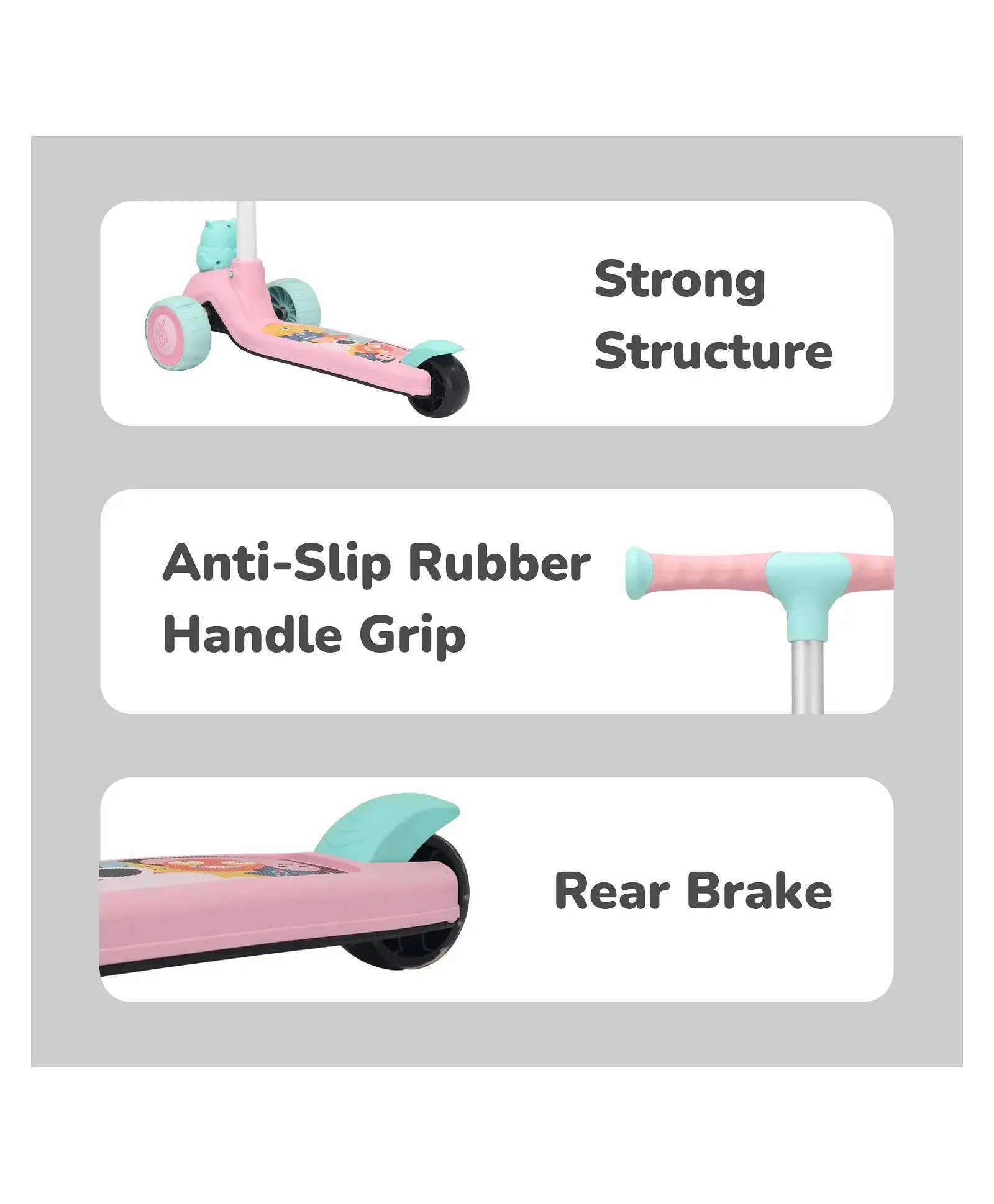 Pink scooter with features labeled on a gray background