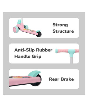 Pink scooter with features labeled on a gray background