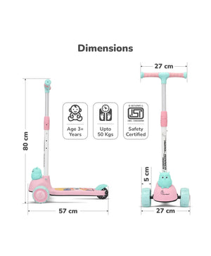 Dimensions of a pink scooter with safety certification logos on a white background