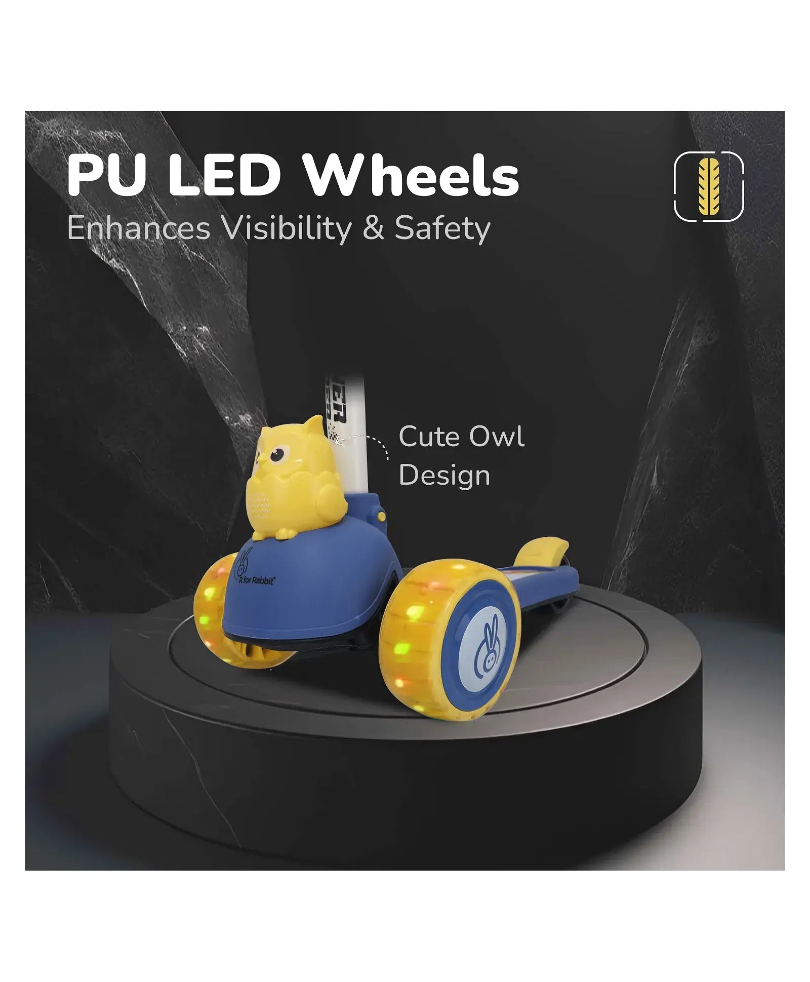 Toy scooter with owl design and PU LED wheels on a dark background