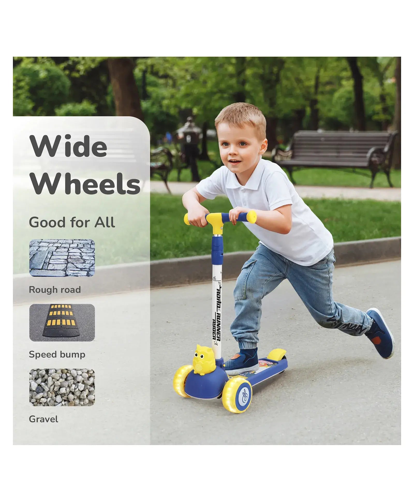 Child riding a scooter with wide wheels in a park, featuring text about wide wheels being good for all terrains.