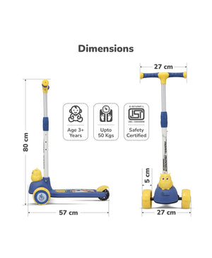 Dimensions of a children's scooter with safety certification logos and age recommendation.