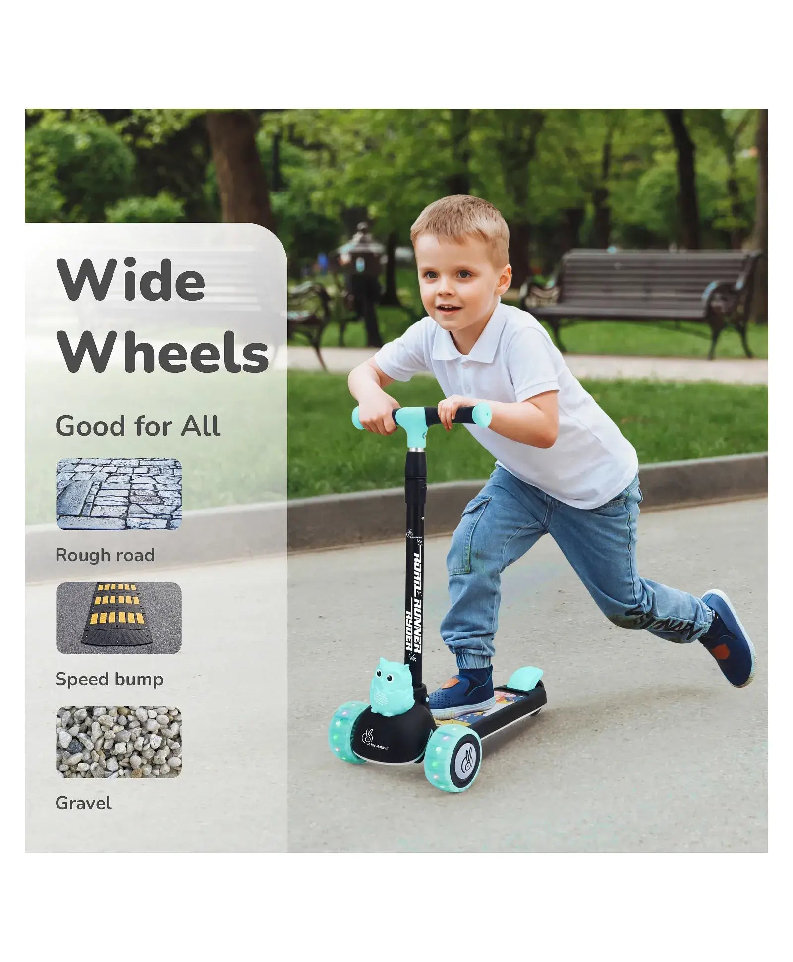 Child riding a scooter with wide wheels in a park setting, featuring text about wide wheels being good for all types of terrain.