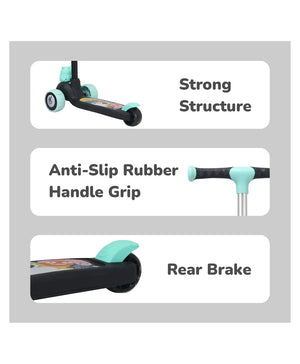 Features of a scooter with labels for strong structure, anti-slip rubber handle grip, and rear brake on a gray background.