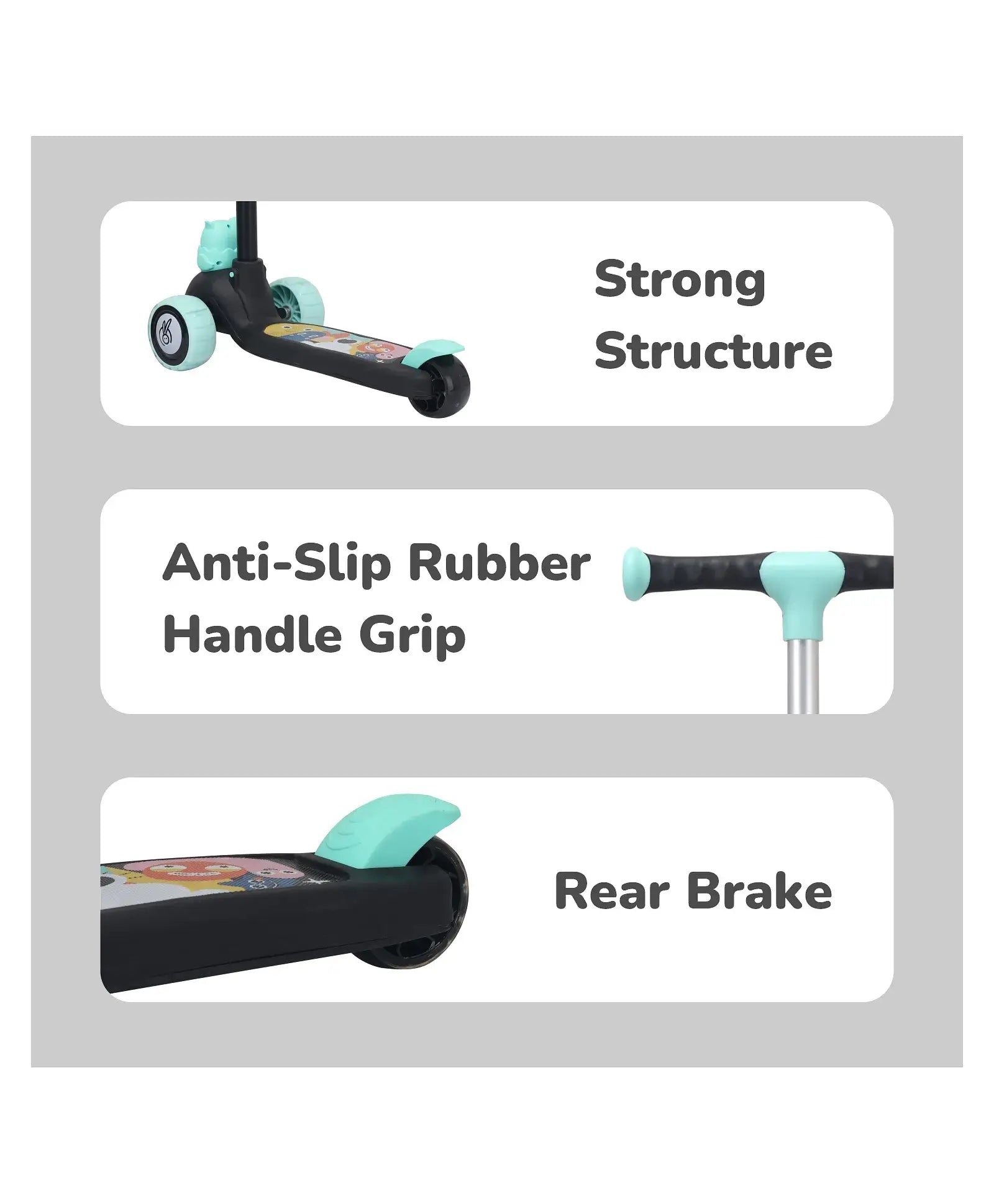 Features of a scooter with labels for strong structure, anti-slip rubber handle grip, and rear brake on a gray background.
