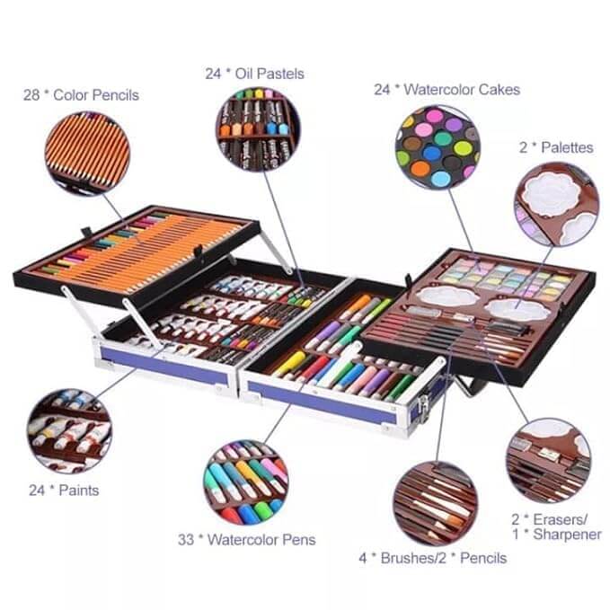 Comprehensive kids' art set in a durable carrying case with a cosmic design, offering a wide range of 145 colors for various painting and craft projects, fostering creativity in children, available at Usmile Toys. www.usmile.toys