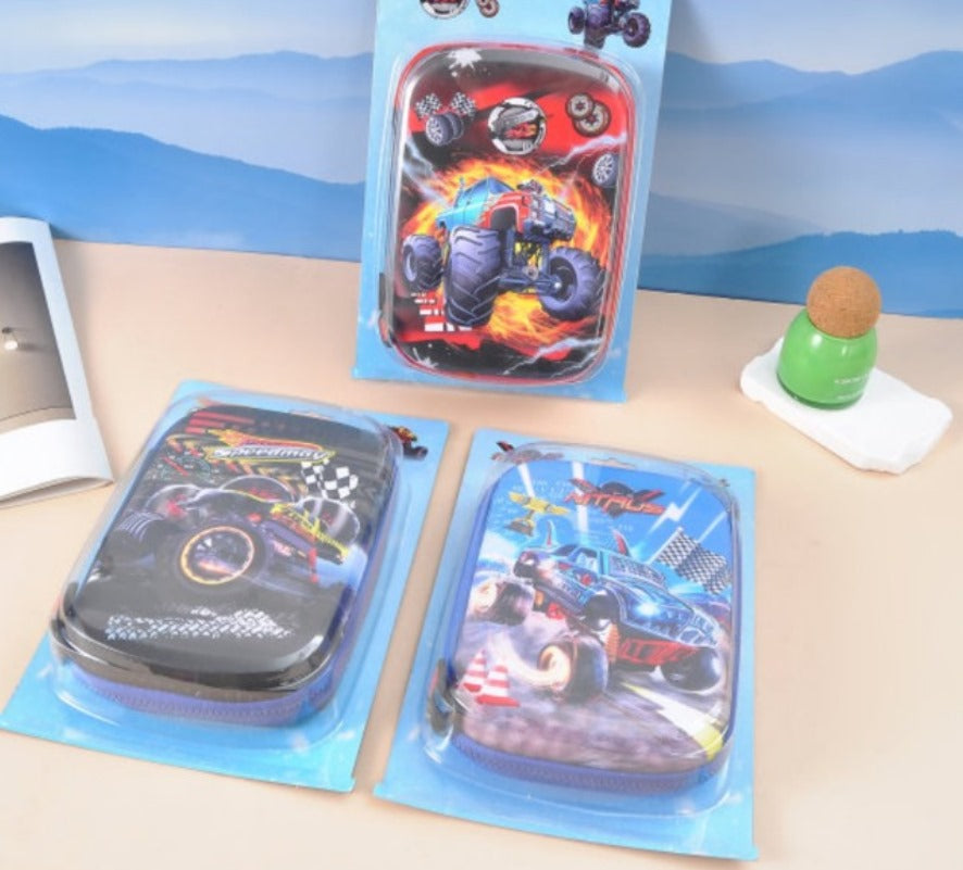 Store school supplies in style with this large, durable silicone pencil case for boys, showcasing an exciting monster truck and flame design. Perfect for young adventurers from uSmile.toys."