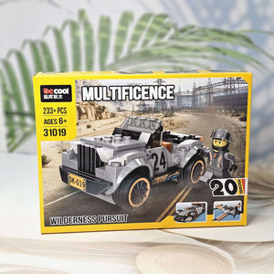 Boxed De Cool MULTIFICENCE "Wilderness Pursuit" building blocks set, featuring a gray off-road vehicle and a minifigure, 233+ pieces, for ages 6+, from Usmile Toys.www.usmile.toys