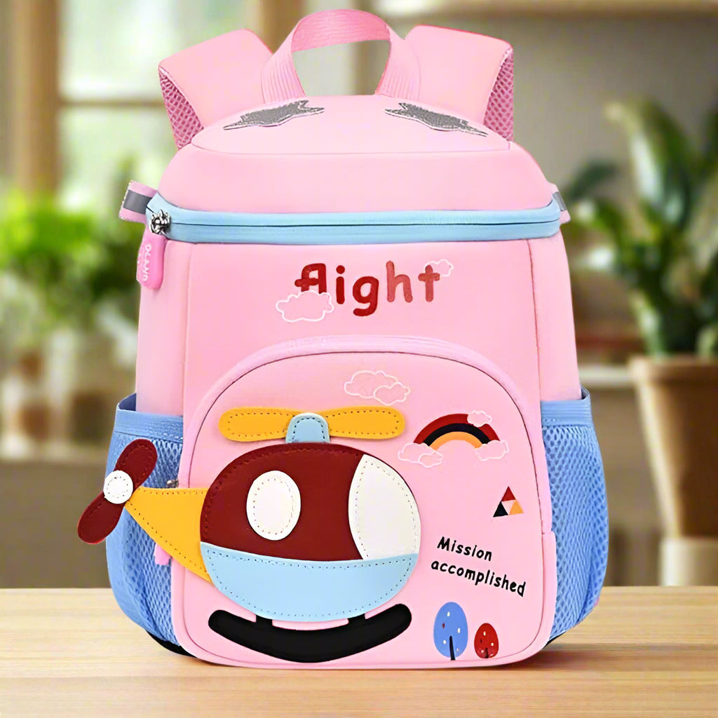 "Usmile Toys cute yellow children's bag featuring a prominent red, white, and blue helicopter design on the front pocket, suitable for baby boys and girls. www.usmile.toys