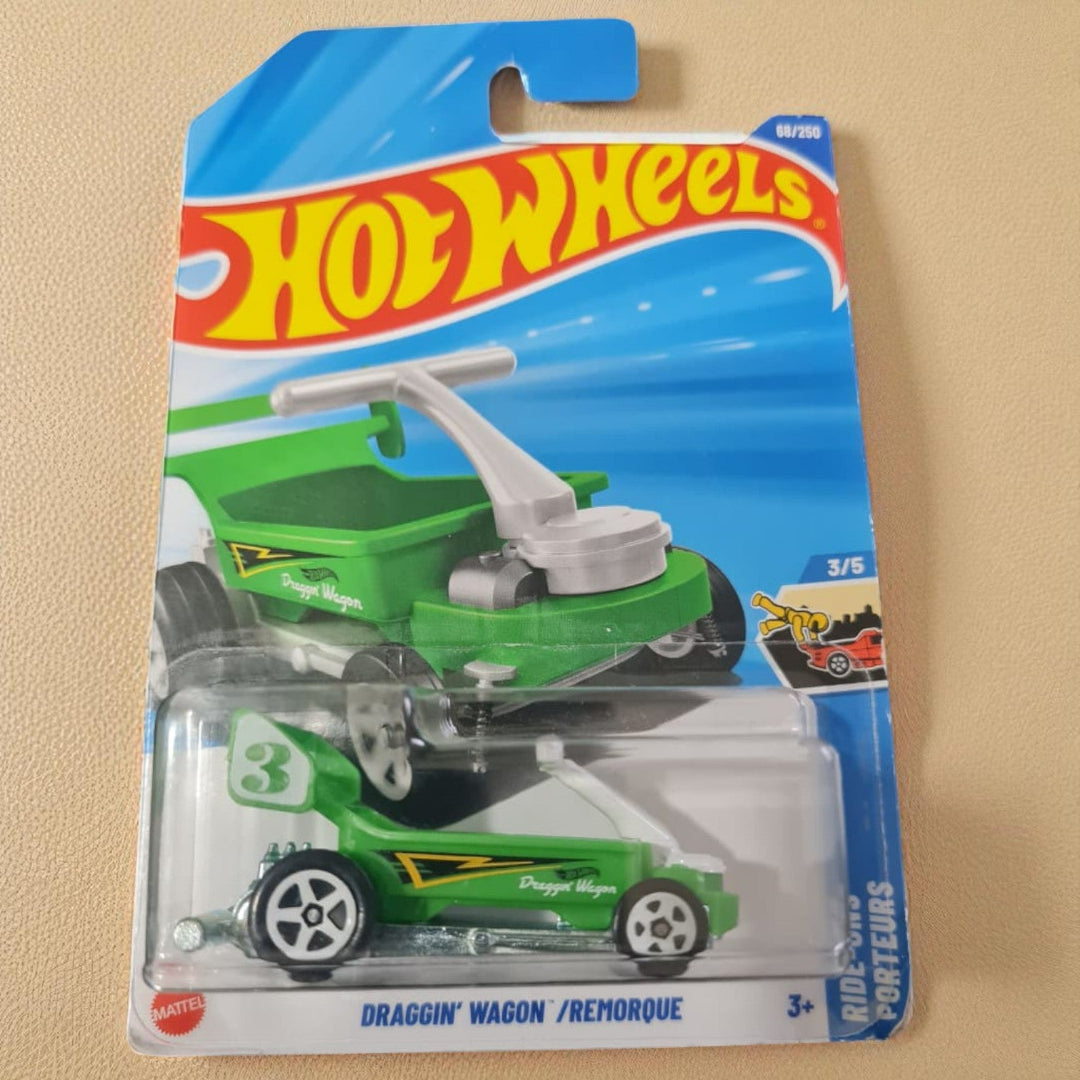 Hot Wheels Draggin' Wagon toy car in packaging on a beige background