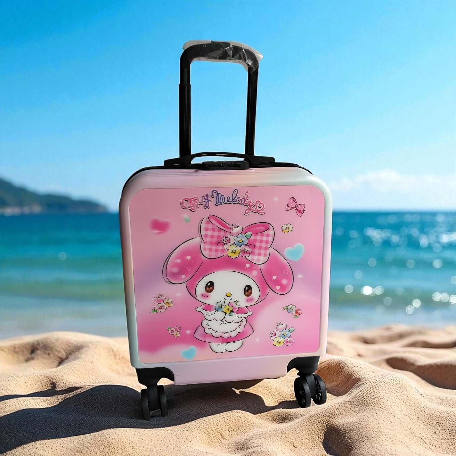 new 3D trolley bag featuring a colorful Labubu character design on an island scene, with smooth-rolling wheels and a telescopic handle, ideal for travel. www.usmile.toys