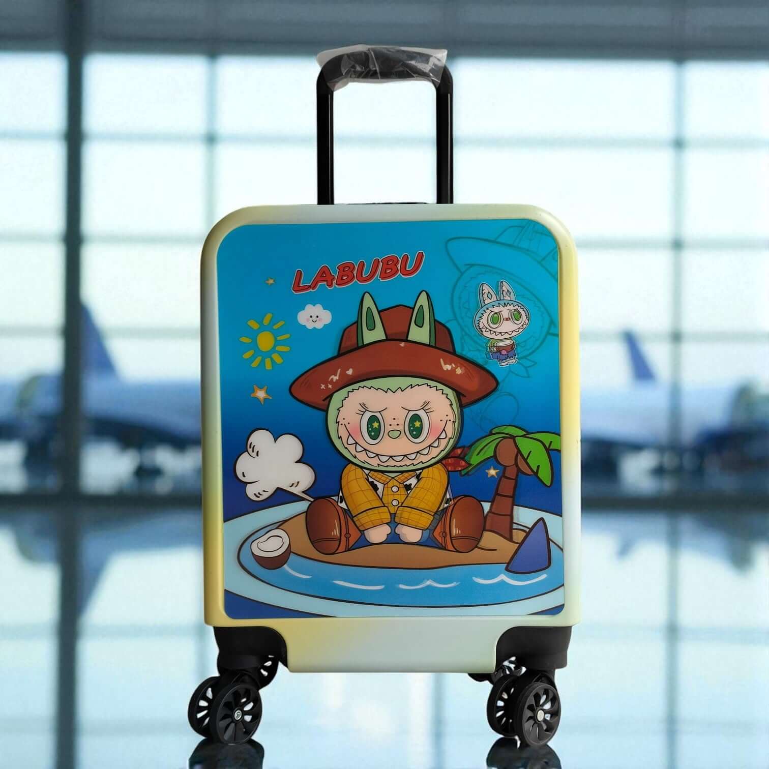 new 3D trolley bag featuring a colorful Labubu character design on an island scene, with smooth-rolling wheels and a telescopic handle, ideal for travel. www.usmile.toys