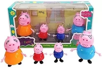 Peppa Pig Family Set with multiple character figures (Peppa, George, Mummy Pig, Daddy Pig) and a house-themed display box, perfect for imaginative play and storytelling. www.usmile.toys
