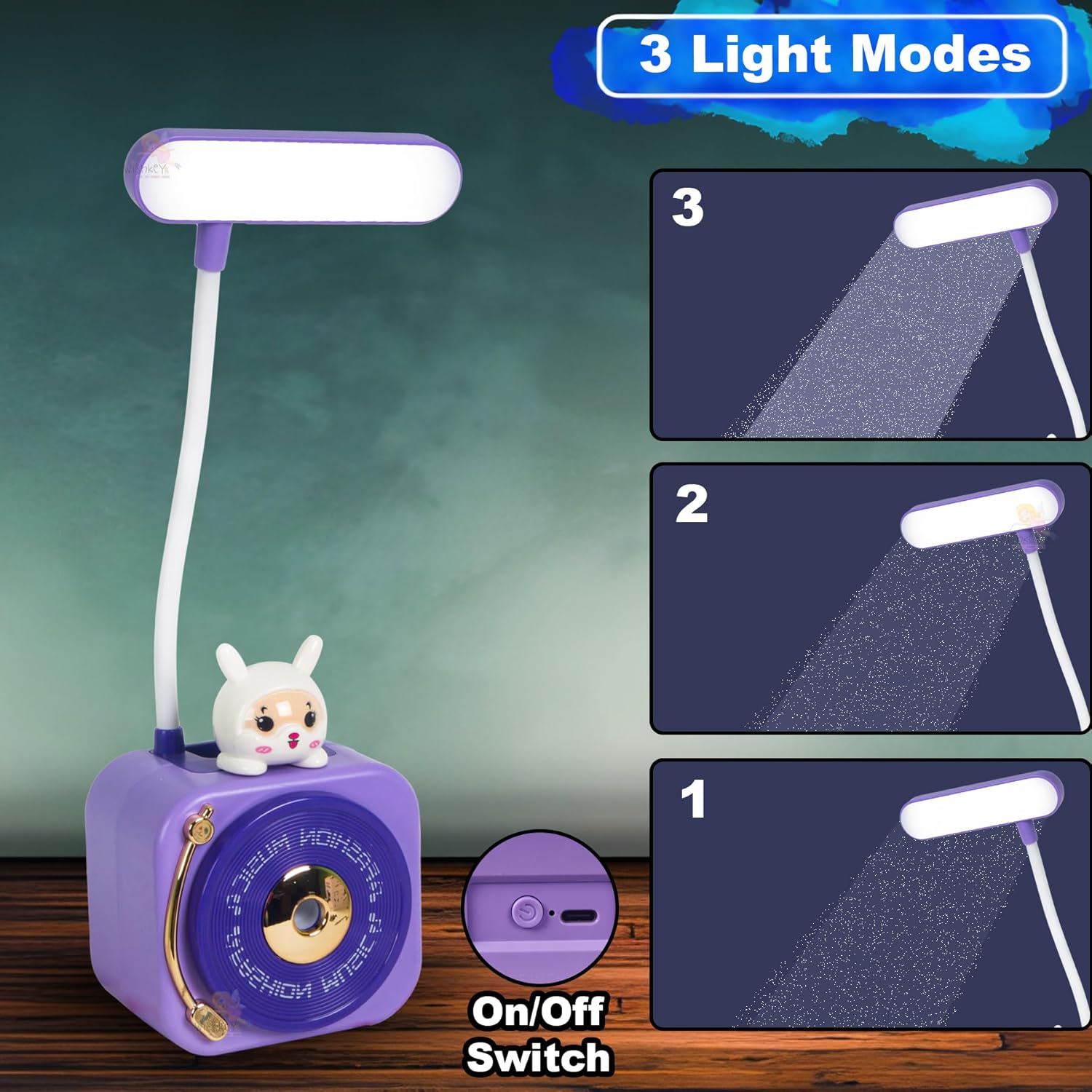 Usmile Toys 3-in-1 multi-functional LED desk lamp in a vibrant teal color, featuring a flexible gooseneck light, an integrated pencil sharpener, and a convenient pen holder with a cute little bunny charm. Ideal for kids' study desks, homework, and creative activities, promoting organization and bright illumination." www.usmile.toys