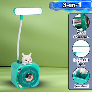 Usmile Toys 3-in-1 multi-functional LED desk lamp in a vibrant teal color, featuring a flexible gooseneck light, an integrated pencil sharpener, and a convenient pen holder with a cute little bunny charm. Ideal for kids' study desks, homework, and creative activities, promoting organization and bright illumination." www.usmile.toys