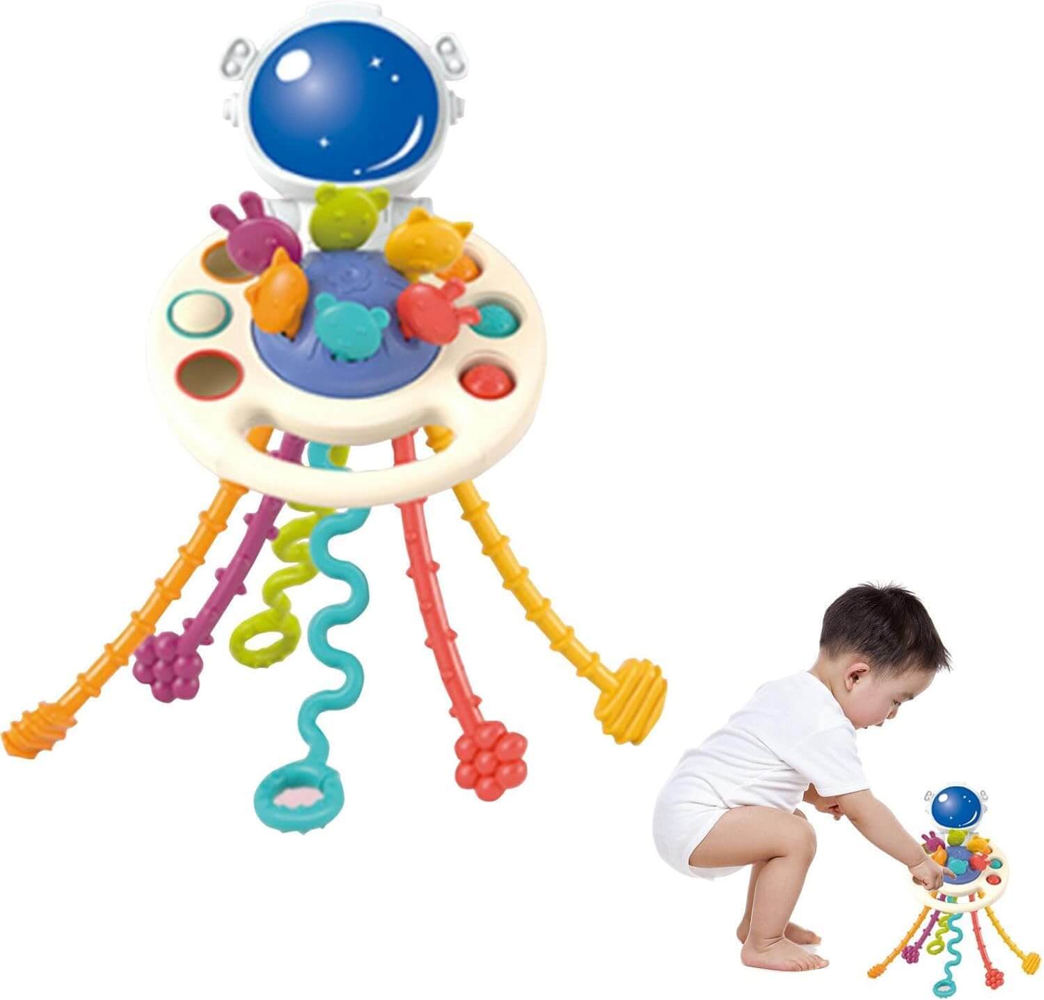 Happy Baby" silicone sensory Pull String Toy in a space theme, featuring an astronaut helmet, colorful pull cords, and press/push buttons for toddlers' fine motor skill development, with packaging. www.usmile.toys