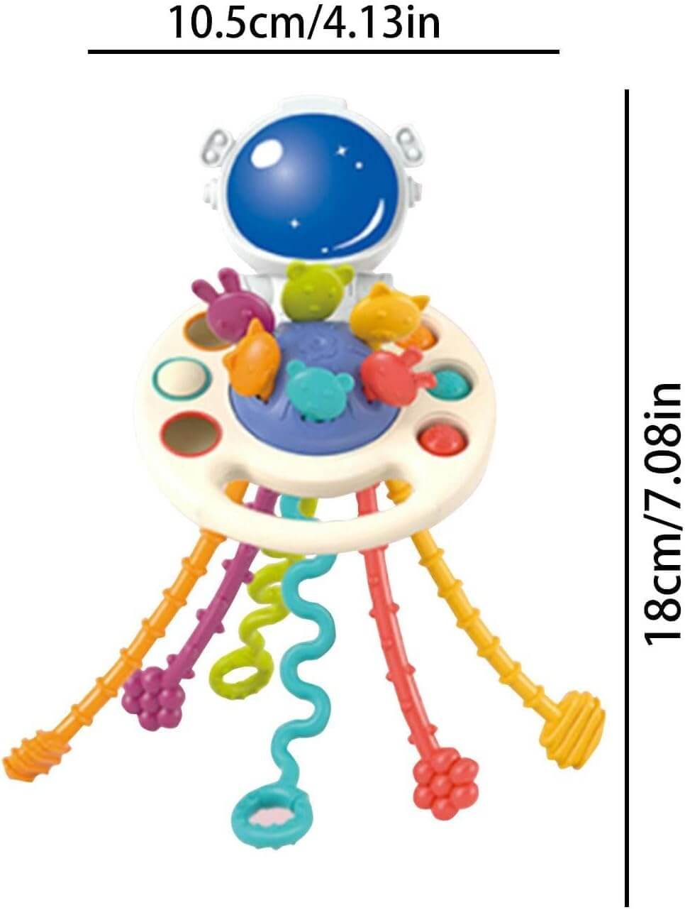 Happy Baby" silicone sensory Pull String Toy in a space theme, featuring an astronaut helmet, colorful pull cords, and press/push buttons for toddlers' fine motor skill development, with packaging. www.usmile.toys