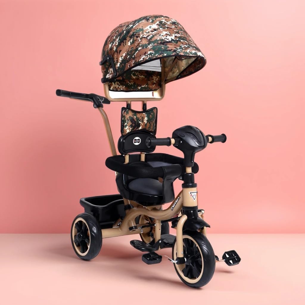 Aster 4-in-1 musical tricycle for kids with camouflage canopy and parent push handle. www.usmile.toys
