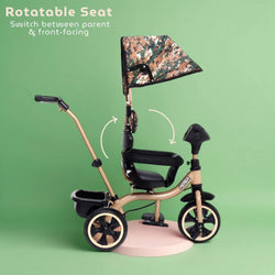 Aster 4-in-1 musical tricycle for kids with camouflage canopy and parent push handle. www.usmile.toys