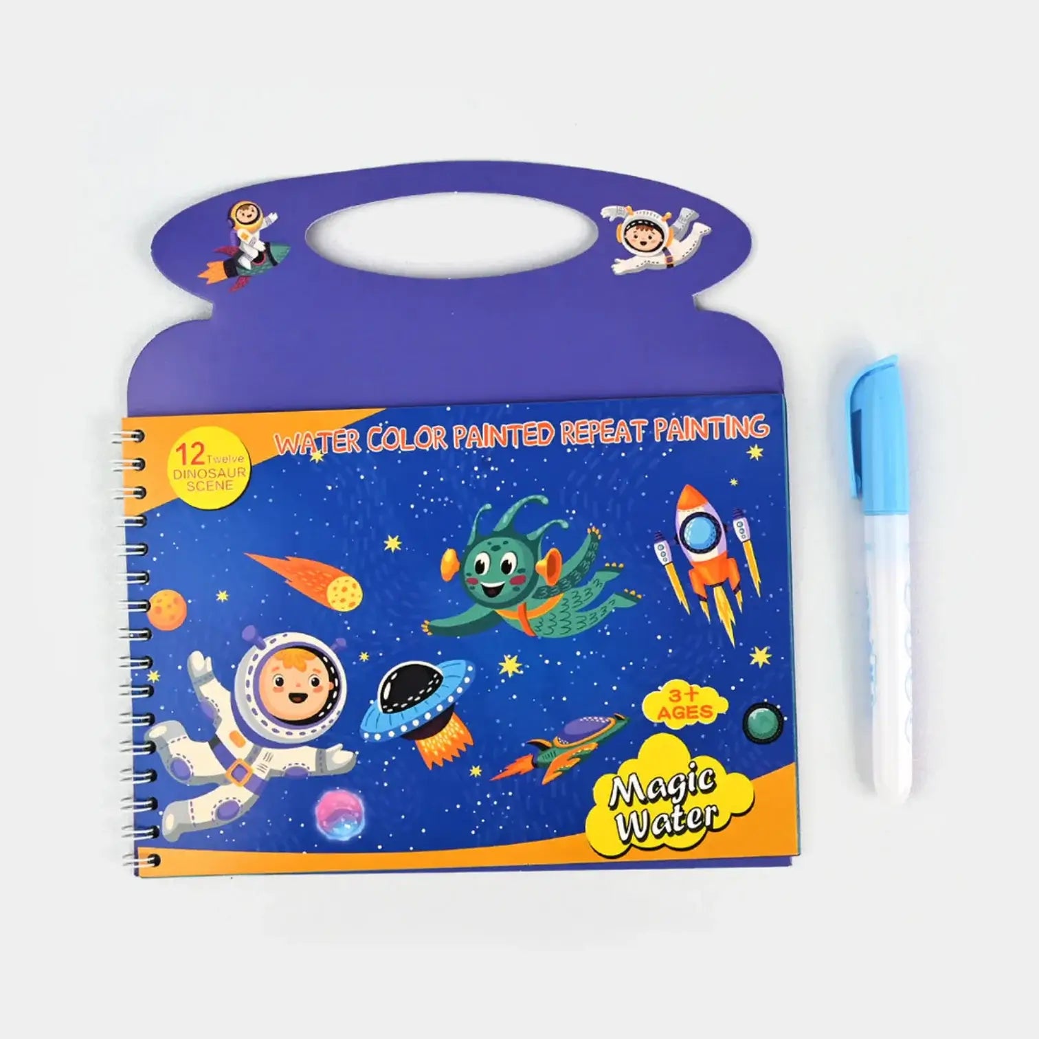 Children's coloring book with space-themed illustrations and a pen on a white background