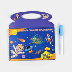 Children's coloring book with space-themed illustrations and a pen on a white background
