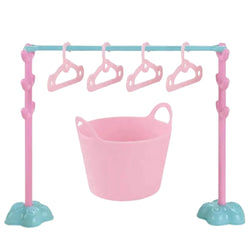 A colorful toy iron, portable ironing board, two laundry baskets, a clothes hanging rack, and miniature detergent bottles, designed for realistic pretend play by Usmile Toys.www.usmile.toys