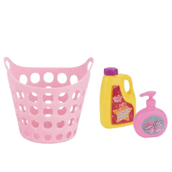 Interactive toy laundry station for children, including a light blue and white toy iron and ironing board, pink laundry baskets, a pink clothes rack with hangers, and play detergent, encouraging role-playing from Usmile Toys. www.usmile.toys