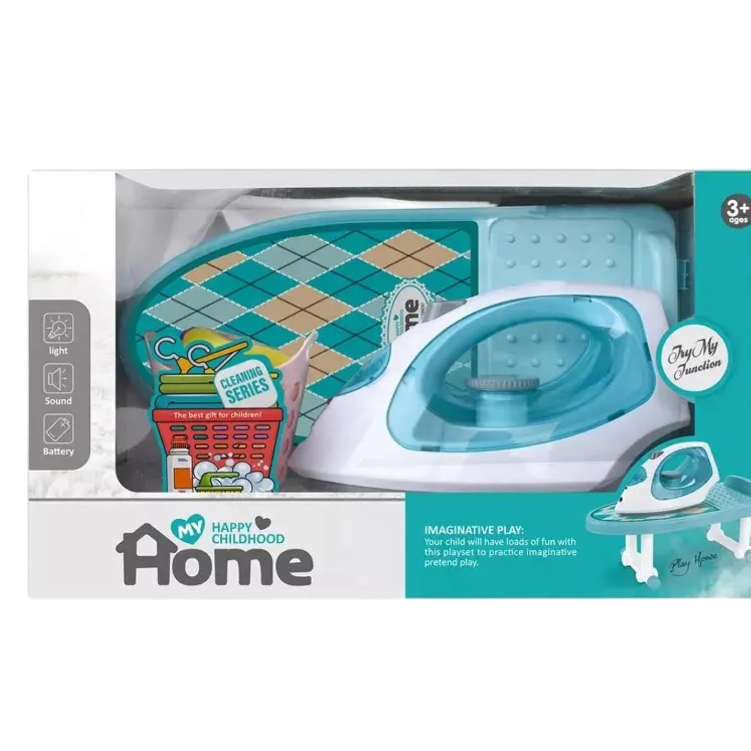 Complete kids pretend play iron set in pink and teal, featuring a toy iron, ironing board, laundry basket, clothes rack, hangers, and detergent bottles, perfect for imaginative play from Usmile Toys www.usmile.toys