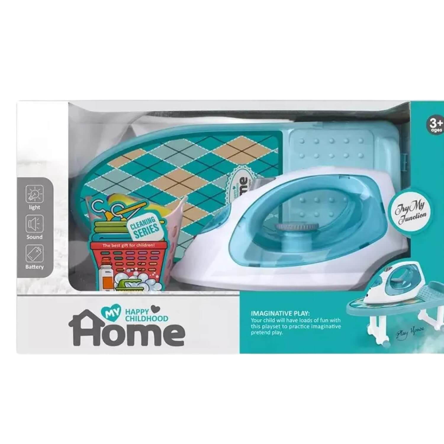 Complete kids pretend play iron set in pink and teal, featuring a toy iron, ironing board, laundry basket, clothes rack, hangers, and detergent bottles, perfect for imaginative play from Usmile Toys www.usmile.toys