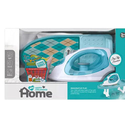 Complete kids pretend play iron set in pink and teal, featuring a toy iron, ironing board, laundry basket, clothes rack, hangers, and detergent bottles, perfect for imaginative play from Usmile Toys www.usmile.toys