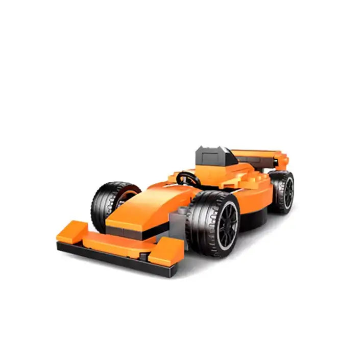 Orange toy Formula 1 car on a white background