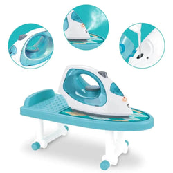 Interactive toy laundry station for children, including a light blue and white toy iron and ironing board, pink laundry baskets, a pink clothes rack with hangers, and play detergent, encouraging role-playing from Usmile Toys. www.usmile.toys
