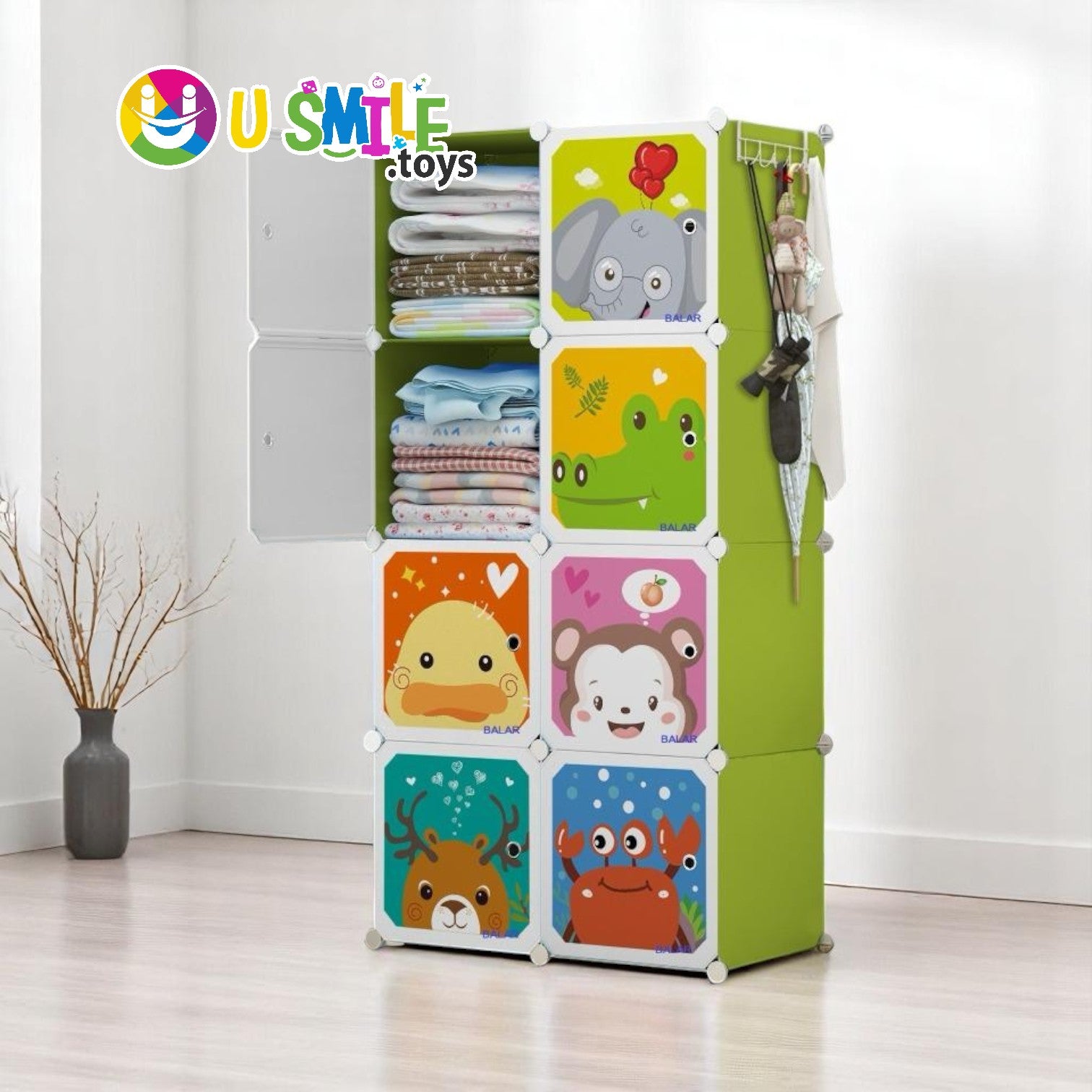 U Smile Toys children's modular closet (75x37x146 CM), ideal for organizing clothes and toys. www.usmile.toys