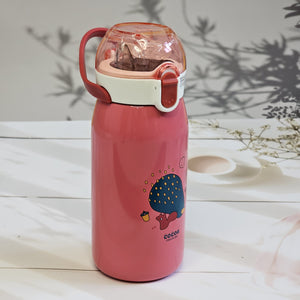 Buy Zentric pink water bottle for kids, 530 ml insulated stainless steel flask with straw, leak-proof design with close lid lock and push to unlock, cartoon snail print, shop online at usmile.toys