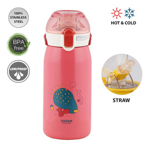 Buy Zentric pink water bottle for kids, 530 ml insulated stainless steel flask with straw, leak-proof design with close lid lock and push to unlock, cartoon snail print, shop online at usmile.toys