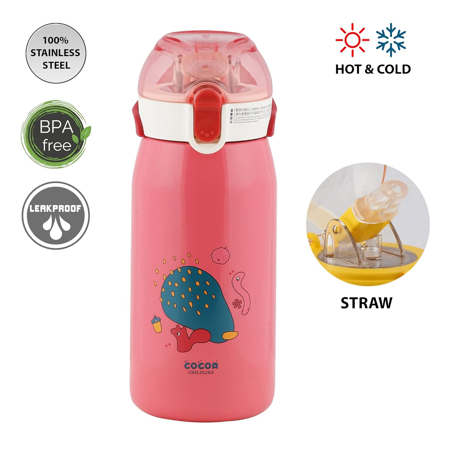 Buy Zentric pink water bottle for kids, 530 ml insulated stainless steel flask with straw, leak-proof design with close lid lock and push to unlock, cartoon snail print, shop online at usmile.toys