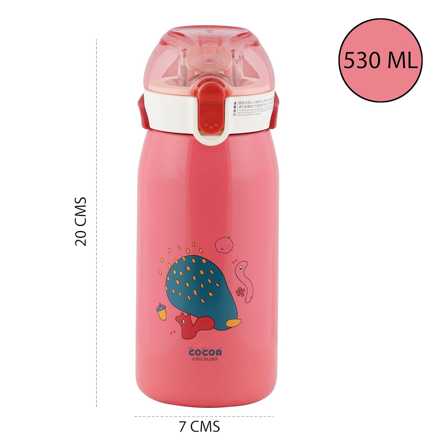 Kids' pink water bottle with straw, 530ml double-wall insulated flask, stainless steel, leak-proof, featuring a cartoon snail, close lid to lock and push to unlock mechanism, usmile.toys