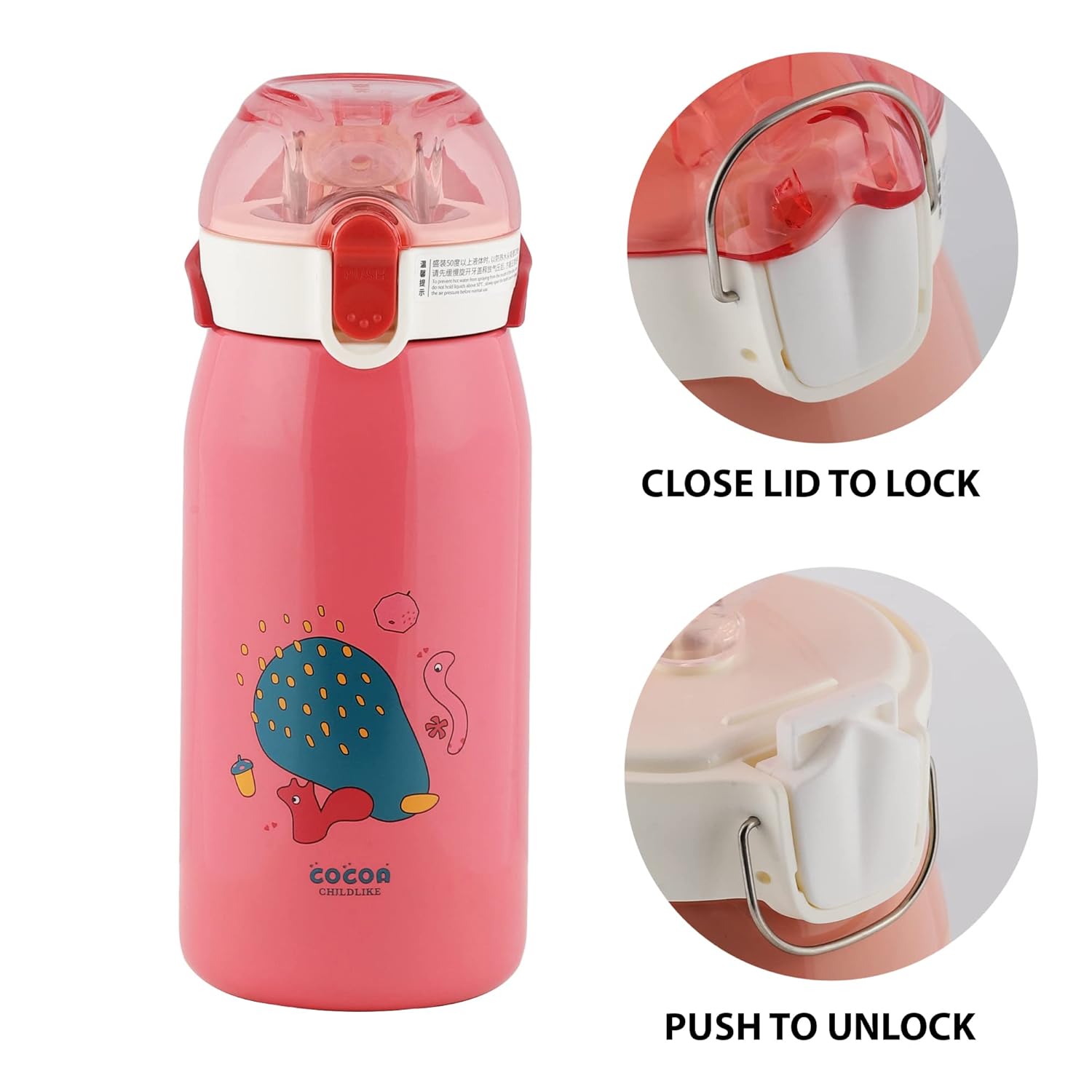 Pink insulated water bottle for kids, 530ml stainless steel double-wall flask with straw, featuring a cartoon snail design, close lid lock mechanism, and push to unlock feature, available at usmile.toys